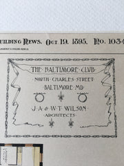 Baltimore Club, N Charles St, Baltimore, MD, 1895, Hand Colored Original -