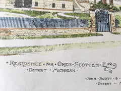 Oren Scotten Residence, Detroit, MI, 1891, J Scott & Co., Hand Colored Original -