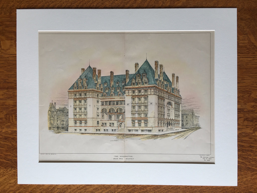 The Washington, New York, NY, 1903, Bruce Price, Hand Colored Original -