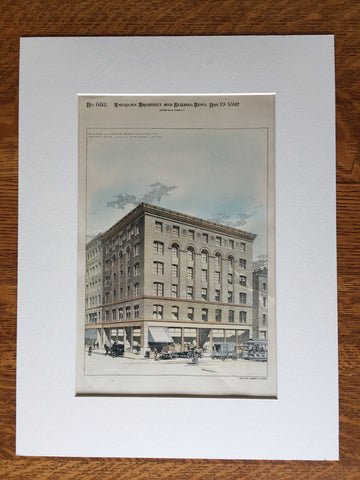 Building on Lincoln & Utica Streets, Boston, MA, 1892, Hand Colored Original -