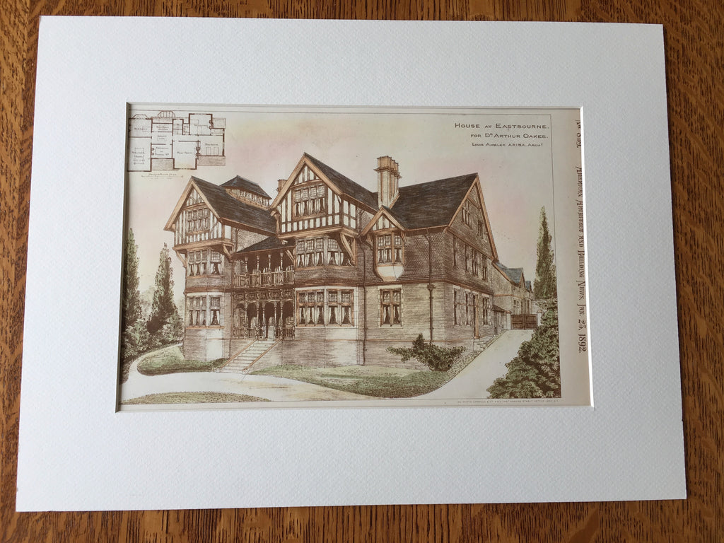 E O Larke House, Bromley, Kent, Great Britain, 1892, Hand Colored Original -