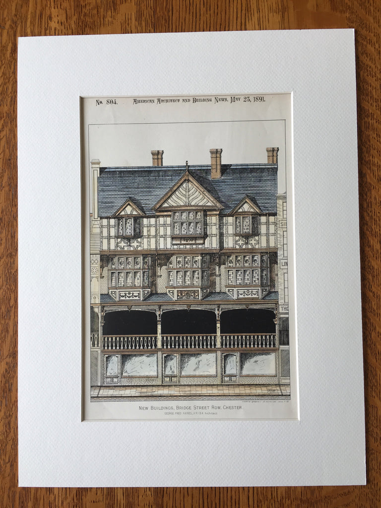 New Buildings, Bridge Street Row, Chester, England, 1891, Hand Colored Original -