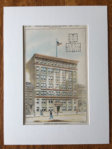 Columbian Law Building, Washington DC, 1898, James G Hill, Hand Colored Original -