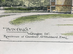 Twin Oaks, G G Hubbard Residence, Washington DC, 1888, Original Hand Colored -