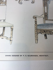 Chairs designed by P G Gulbranson, Boston, MA, 1899, Original Hand Colored -
