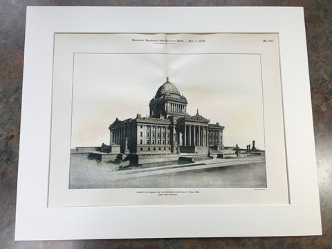 Design for Minnesota State Capitol, St Paul, MN, 1899, Original Hand Colored -