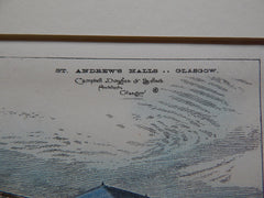 St. Andrew's Halls, Glasgow, Scotland, UK, 1880. Hand Colored Original Plan