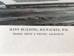 Mann Building, Milwaukee, WI, 1916, Lithograph.  Brust & Philipp