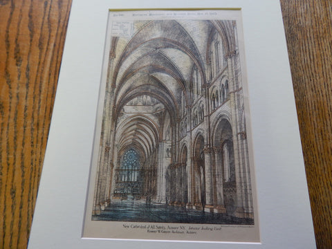 Interior, Cathedral of All Saints, Albany, NY 1883. Original Plan Hand-colored. Robert W. Gibson.