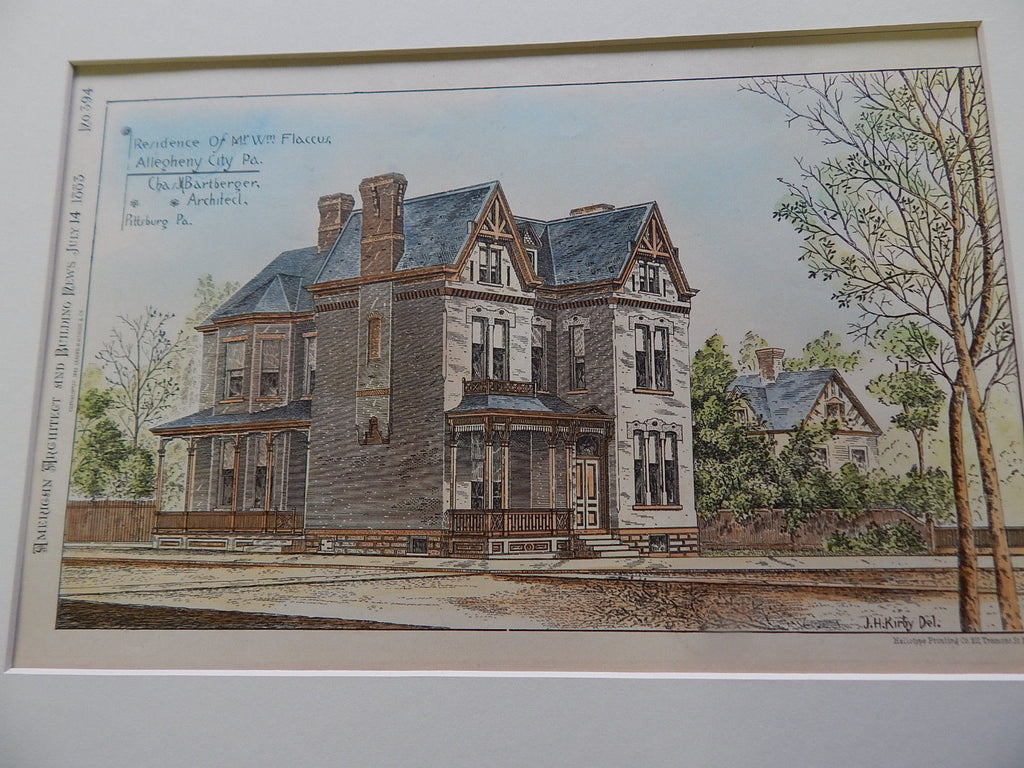 House of William Flaccus, Allegheny City, PA 1883. Original Plan. Charles Bartberger.