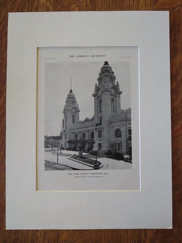 Entrance, Union Station, Worcester, MA, 1911, Lithograph. Watson & Huckel