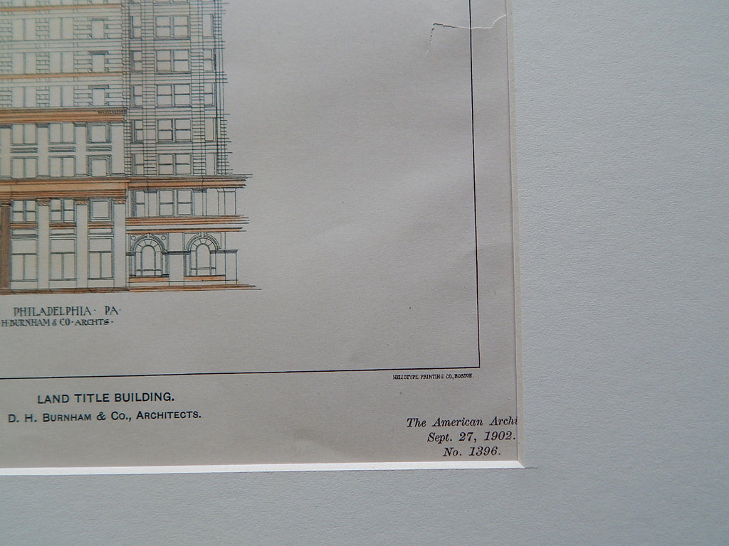 Land Title Building, Philadelphia, PA 1902, Original Plan. Hand-colored. D.H. Burnham.