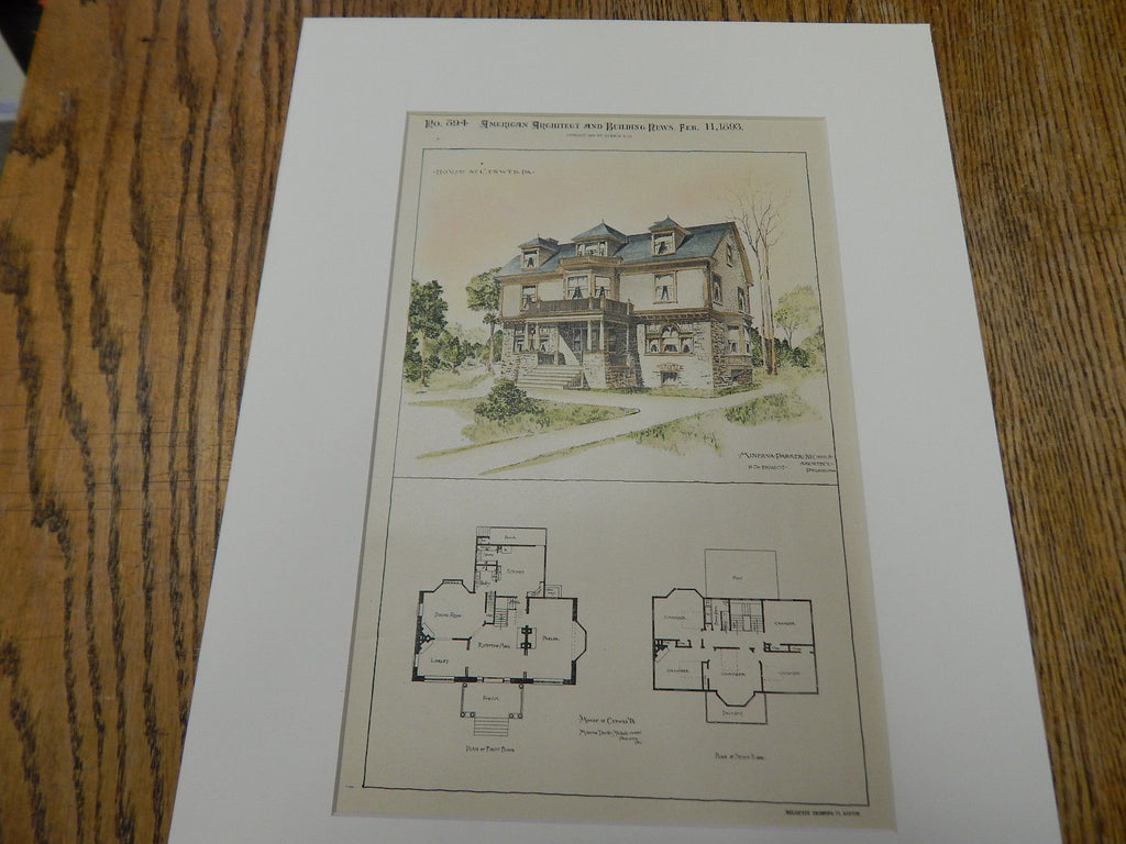 House at Cynwyd, PA 1893. Original Plan. Hand Colored. Minerva Nichols.