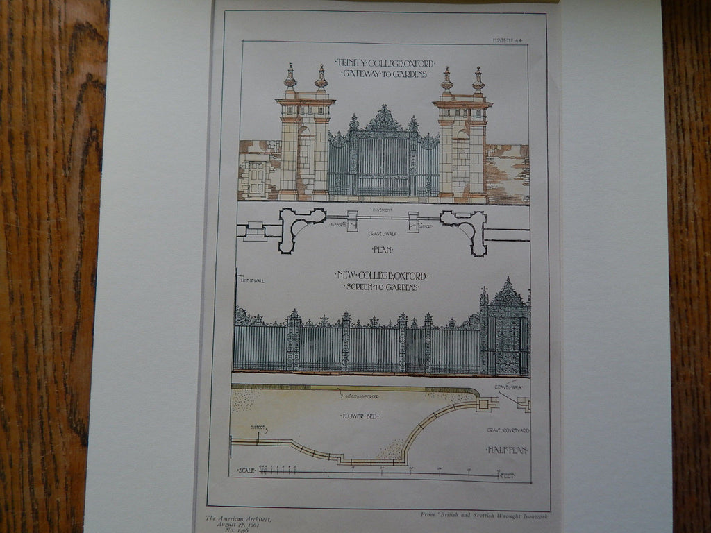 Oxford University Wrought Iron College Gates, 1904, Original Plan. Hand-colored.