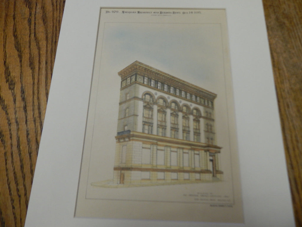 Patterson Savings Bank, Paterson, NJ 1893. Original Plan. Hand Colored. Charles Edwards.
