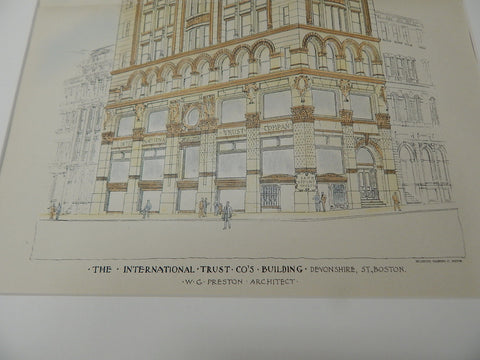 International Trust Co. Building, Boston, MA 1893. Original Plan. Hand-colored. W.G. Preston.