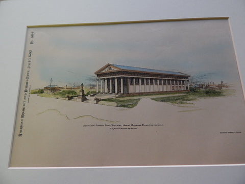 Georgia State Building, Columbian Exposition, Chicago, IL 1892. Original Plan. G.L. Morrman.