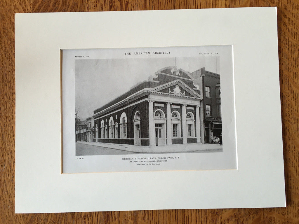 Merchants' National Bank, Asbury Park, NJ, 1919, Lithograph.  C.W. Brazer