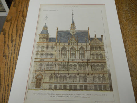 Offices, Commissioners of Sewers, London, UK 1895. Original Plan. Hand-colored. Haywood & Ross.