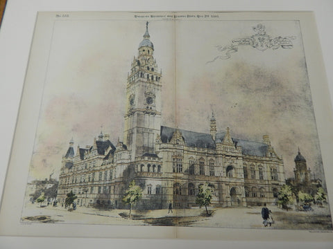 Council House, Sheffield, UK 1891. Original Plan. Hand-colored. E.W. Mountford.