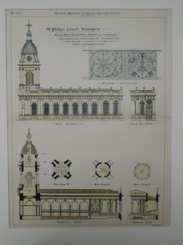 St. Phillip's Church, Birmingham, England, 1887, Original Plan. Thos. Archer.