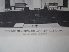 Interior, Ives Memorial Library, New Haven, CT, 1911, Lithograph. Cass Gilbert.