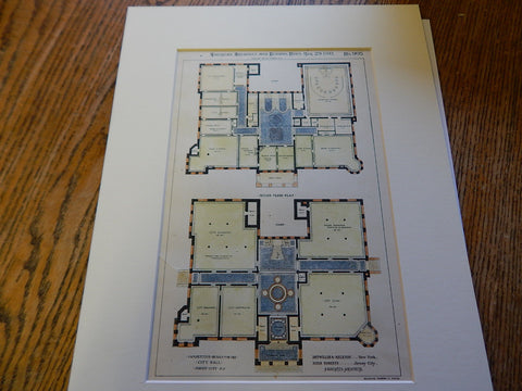 Design, City Hall, Jersey City, NJ 1893. Original Plan. Hand Colored. Detwiller, Melendy, and Roberts.