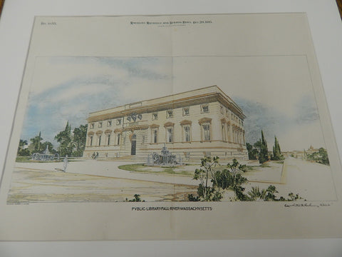 Public Library, Fall River, MA 1895. Original Plan. Hand-colored.  Cram & Wentworth.