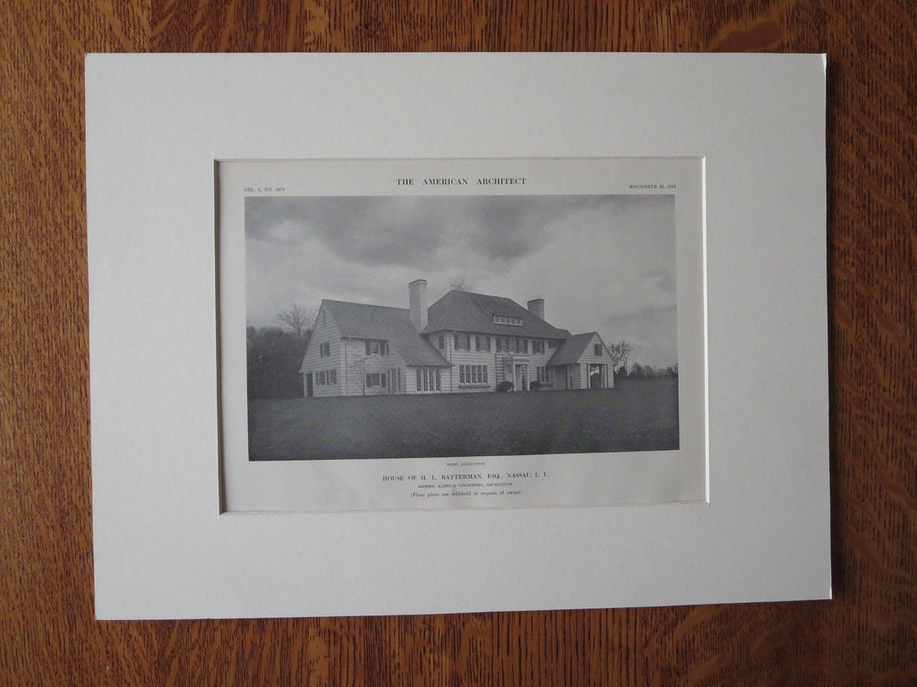 H.L. Batterman House, Nassau, Long Island, 1911, Lithograph. Albro & Lindeberg