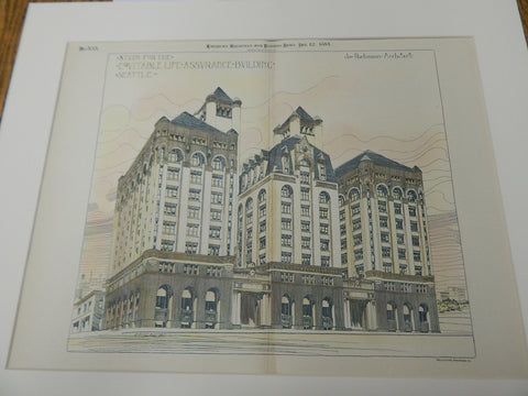 Equitable Assurance Building, Seattle, WA 1891. Original Plan. Hand-colored. John Parkinson.