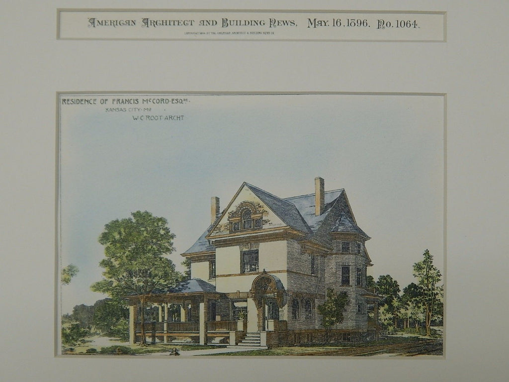 Residence of Francis McCord, Kansas City, MO, 1896, Original Plan. Hand-colored.  W.C. Root.
