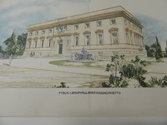 Public Library, Fall River, MA 1895. Original Plan. Hand-colored.  Cram & Wentworth.