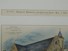 Berean Baptist Church, Reading, PA, 1896, Original Plan. Hand-colored.  J.M. MacQueen.