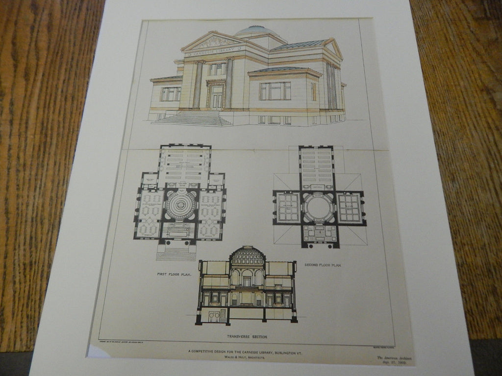 Carnegie Library, Burlington, VT, 1902. Original Plan. Hand Colored. Wales & Holt.