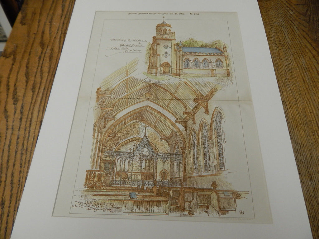 Private Chapel, Pyrgo Park, Havering, London, 1895. Original Plan. Hand-colored. Percy Roberts.