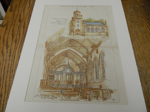 Private Chapel, Pyrgo Park, Havering, London, 1895. Original Plan. Hand-colored. Percy Roberts.