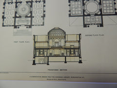 Carnegie Library, Burlington, VT, 1902. Original Plan. Hand Colored. Wales & Holt.