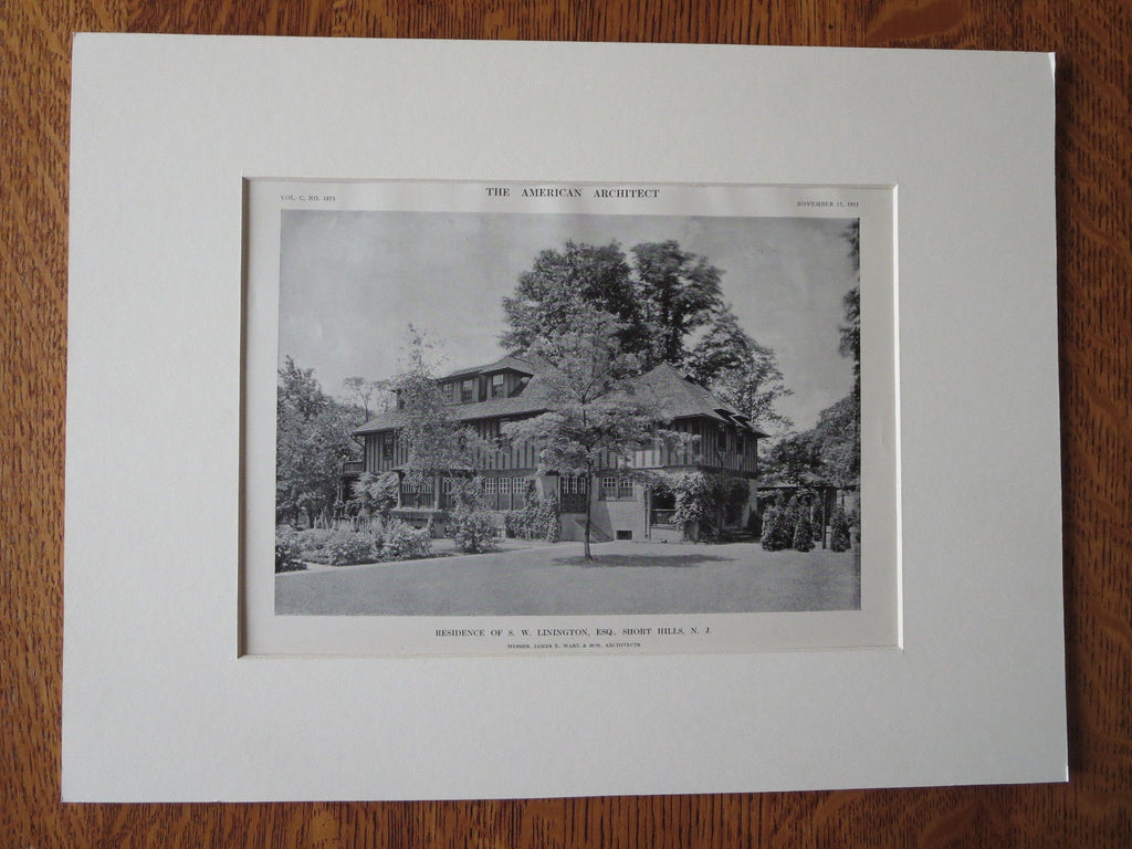 S.W. Linington, Esq. House, Short Hills, NJ, 1911, Lithograph. James Ware & Son