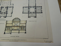 Carnegie Library, Burlington, VT, 1902. Original Plan. Hand Colored. Wales & Holt.