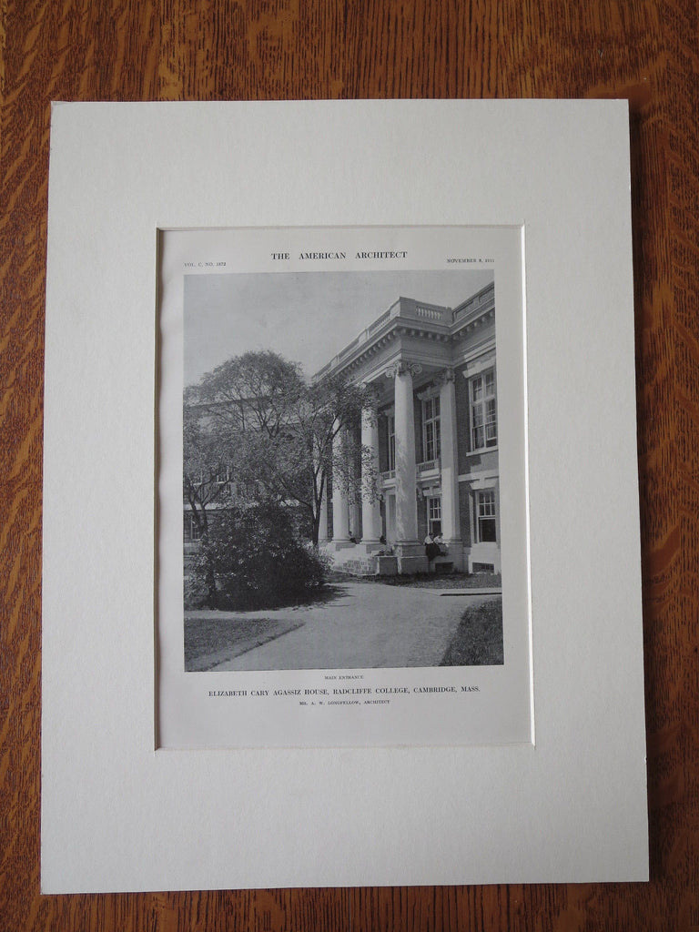 Elizabeth Cary Agassiz House, Radcliffe College, Cambridge, MA, 1911, Lithograph. A.W. Longfellow.