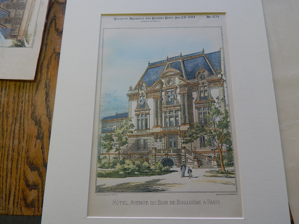 Hotel, Avenue du Bois de Boulogne, Paris, France, 1891, Original Plan. H. Toussaint.