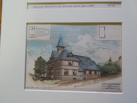 Chapel, First Unitarian Society, Malden, MA 1883. Original Plan. Hand-colored. Horace Burr.