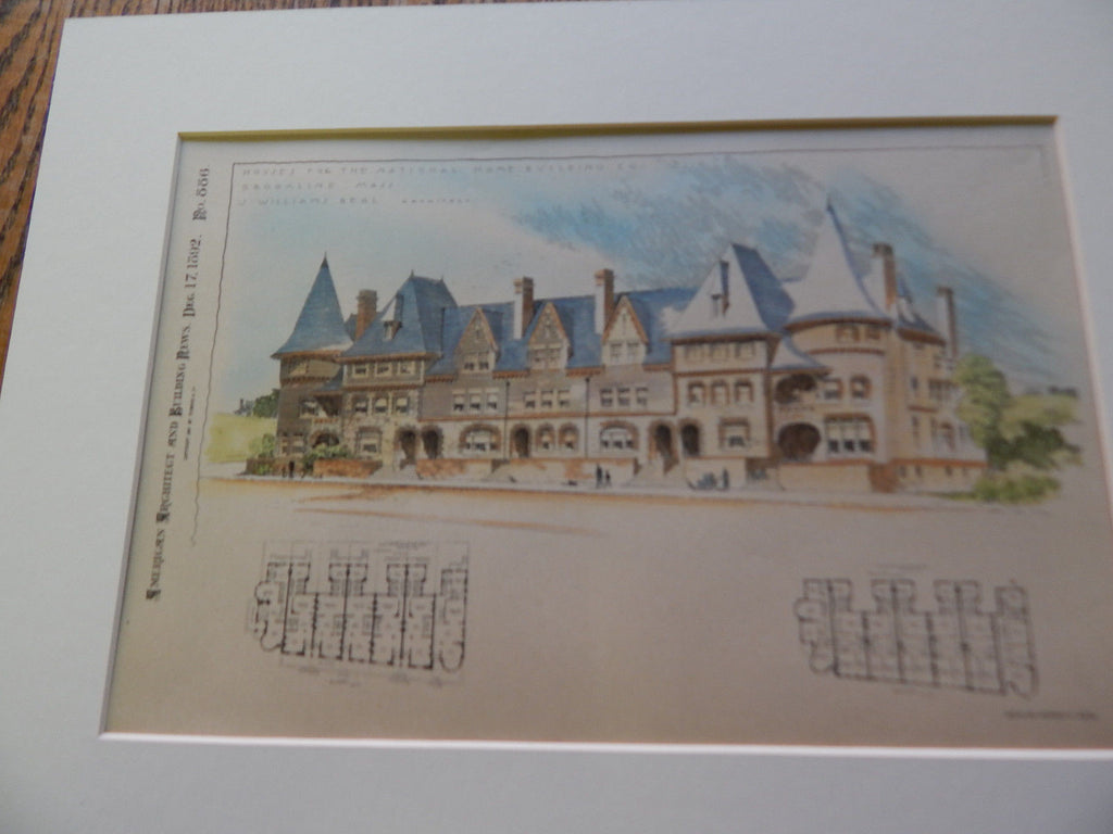 Houses, National Home Building, Brookline MA 1892. Original Plan. Hand Colored. J. Parkinson.