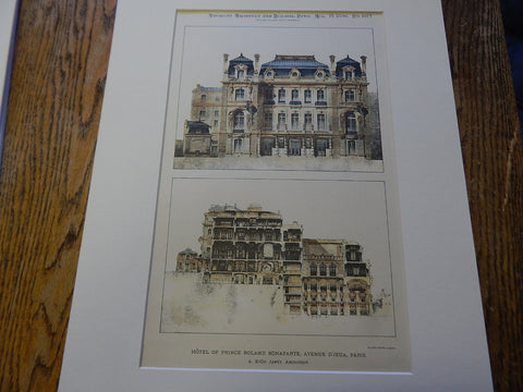 Hotel Prince Roland Bonaparte, Paris, France 1896. Original Plan. Hand-colored. A. Janty.