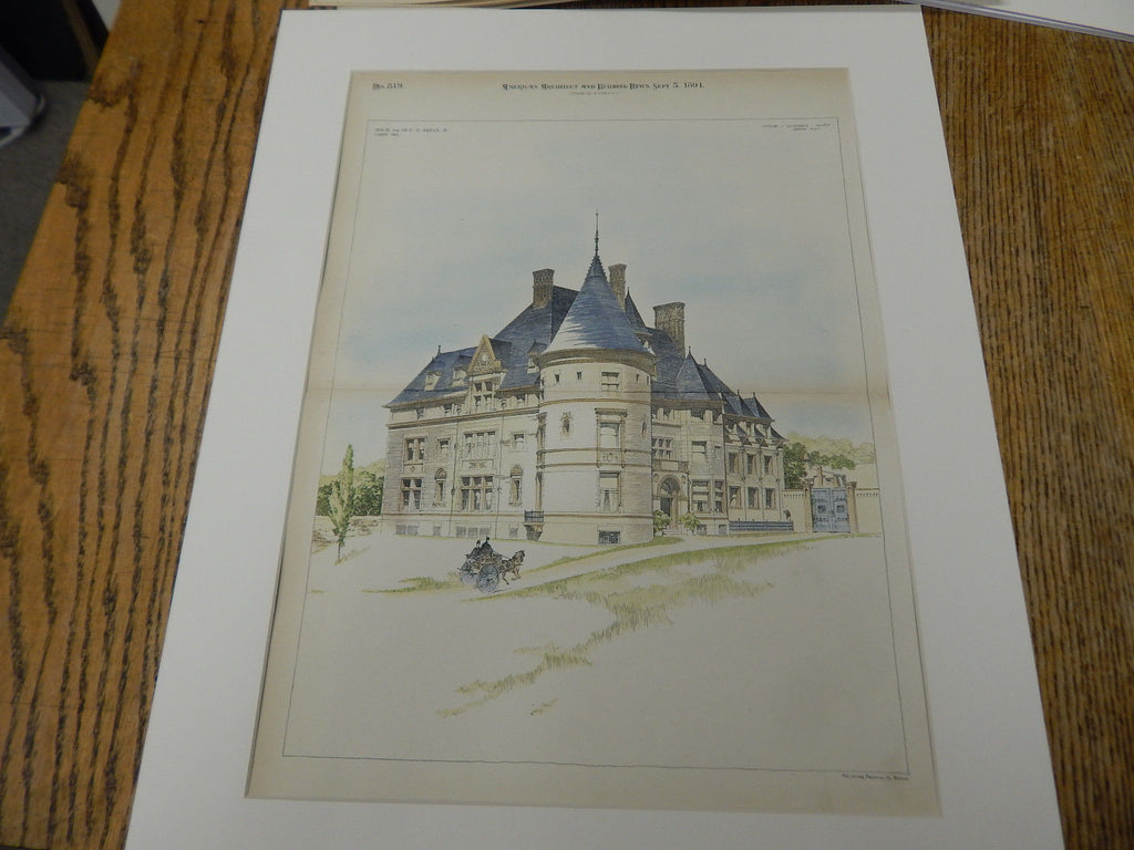House for E. D. Jordan, Corey Hill, MA, 1891. Original Plan. Hand-colored. Winslow & Wetherell.