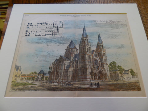 New Cathedral of All Saints, Albany, NY, 1883. Original Plan. Hand-colored. Robert W. Gibson.