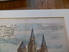 New Cathedral of All Saints, Albany, NY, 1883. Original Plan. Hand-colored. Robert W. Gibson.