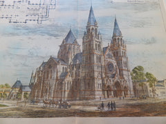 New Cathedral of All Saints, Albany, NY, 1883. Original Plan. Hand-colored. Robert W. Gibson.