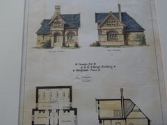 Library Building, Hingham, MA 1879, Original Plan. Hand-colored. Samuel Thayer.