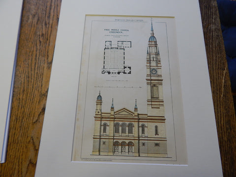 Free Middle Church, Greenock, Scotland, 1872. Original Plan. Hand-colored. Salmon & Ritchie.